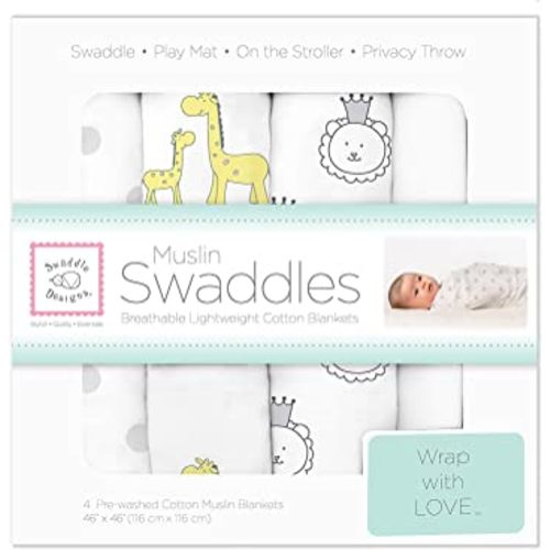 SwaddleDesigns Cotton Muslin Swaddle Blankets, Set of 4, Receiving Blankets for Baby Boys & Girls, Best Shower Gift, 46x46 inches, Sterling Jungle Friends