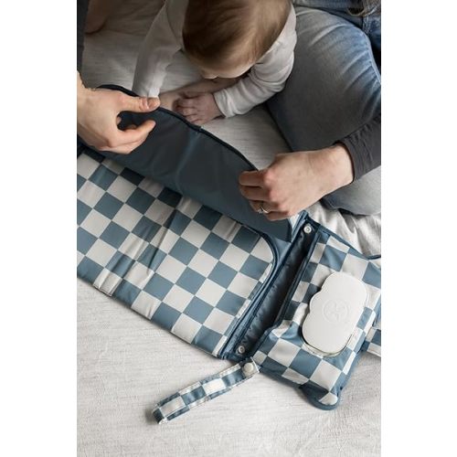 Tiny Twinkle Portable Diaper Changing Pad, Foldable Waterproof Baby Change Pad for Newborn Girl & Boy with Smart Wipes Pocket (Blue Checkers)