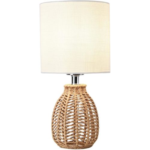 KUNJOULAM Rattan Table Lamp, Small Nightstand Lamp with Linen Fabric Lampshade, Desk Lamp Bedside Lamp for Living Room Home Office, Without Buld
