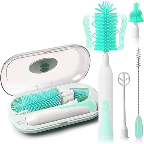 Electric Baby Bottle Brush Travel Set with Automatic Spinning Bottle Brush,Electric Bottle Brush Cleaner,Straw Brush and Electric Milk Frother,Essentials Gift for Mom After Birth (Green)
