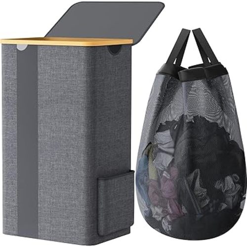 BlissTotes Laundry Basket with Lid, 100L Clothes Laundry Hamper with Handles and Removable Laundry Bag, Breathable Design Hamper with Lid for Bedroom, Bathroom, Dorm, Laundry Room - Light Grey