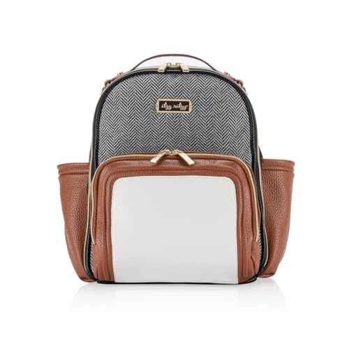 Itzy Ritzy Mini Diaper Bag Backpack – Chic, Compact Mini Plus Backpack with Changing Pad, 10 Pockets (6 Internal, 4 External), Grab-Top Handle & Rubber Feet (Coffee & Cream)