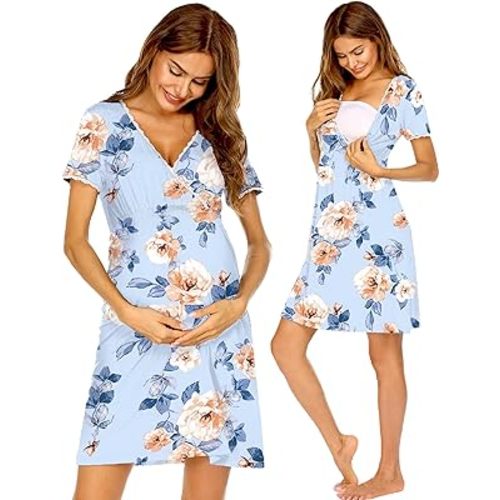 Ekouaer Nursing Nightgown Delivery and Labor Gown for Hospital Short Sleeve Maternity Breastfeeding Dress