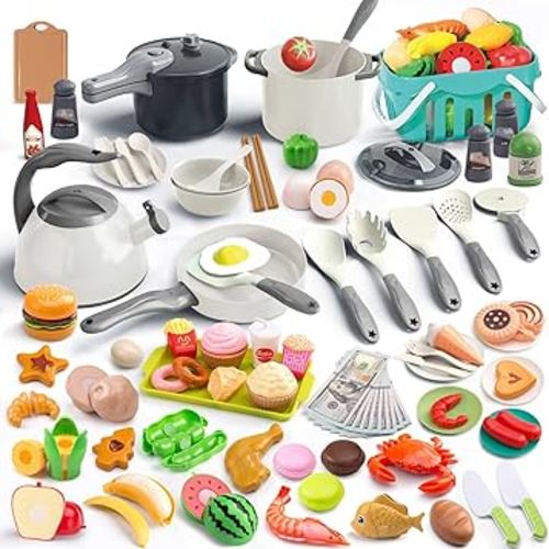 Funpynani 130Pcs Kitchen Playset, Toddler Pretend Cooking Play Pots, Pans, Utensils Cookware, Daily Food Fruit Veges, Shopping Storage Basket, Dessert, Prop Money, Learning Gift for Child (White)
