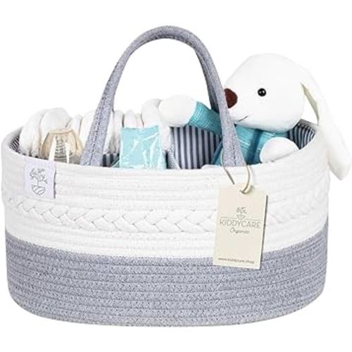 KiddyCare Woven Diaper Caddy Basket with Handle Lid Diaper Caddy Basket with Dividers for Baby Boy/Girl Nursery baby gift basket Caddy Gray Large