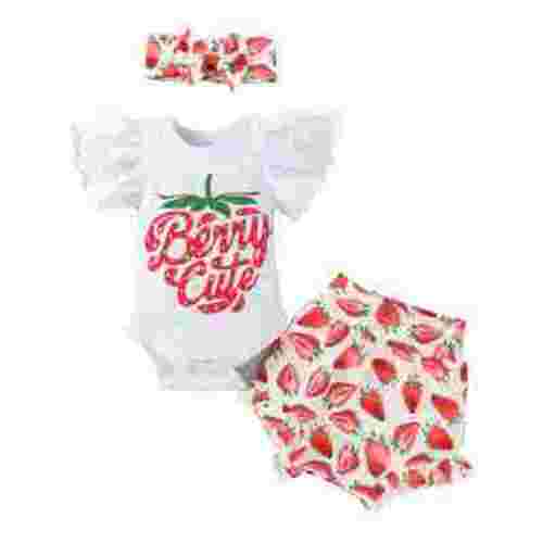 IBTOM CASTLE Newborn Baby Girls Casual Clothes Ruffles Sleeve Romper + Fruit Floral Bottoms Shorts + Headband 3PCS Summer Birthday Outfits 0-3 Months Strawberry