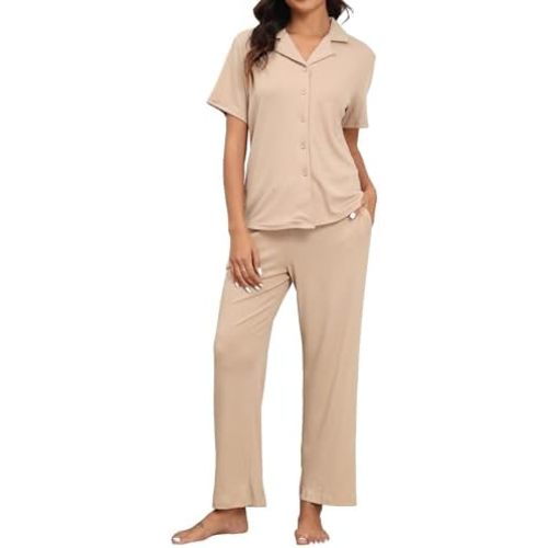 Women's Pajama Sets Button Down Ribbed Knit Lounge Set Pajamas Pants with Pockets