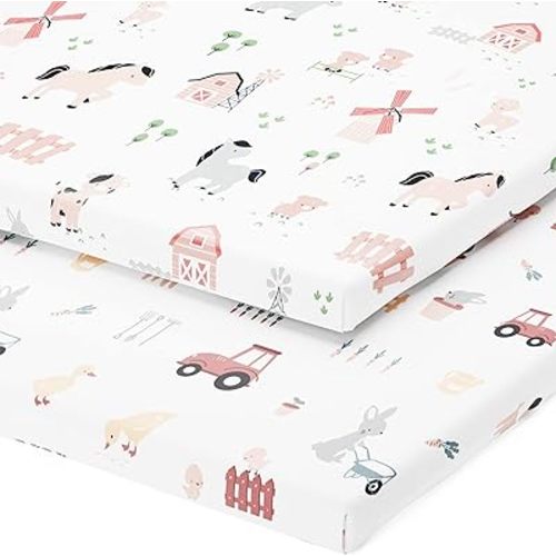 Pack and Play Sheets Fitted – Compatible with 4moms Breeze Plus Playard and Other Large Playpen Mattress – Snuggly Soft 100% Jersey Cotton – Farm Animals – 2 Pack
