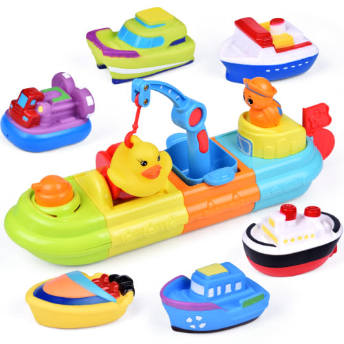 Fun Little Toys Bath Toys for Kids,7 Pcs Toy Boats Include One Big Wind Up Bath Boat and 6 Bath Squirters Toy Boats,Baby Showers,Pool Party,Birthday Gifts for Baby