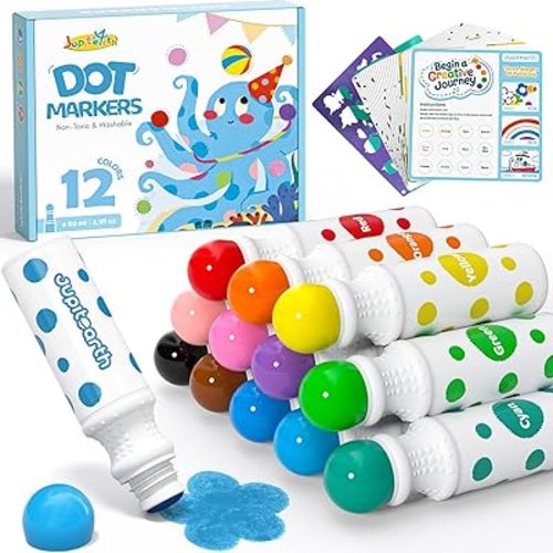 38 PCS Dot Markers for Toddlers, 12 Colors Washable Bingo Daubers with 120 PDF & 24 Printed Activity Papers 2 Stencils, Non-Toxic Dot Paint for Toddler 1-3, Markers for Kid Arts and Crafts