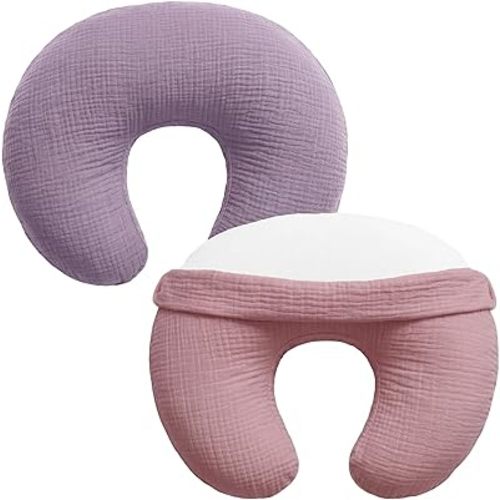 Pro Goleem Muslin Nursing Pillow Cover, 100% Cotton Soft Breathable Feeding Pillow Slipcover for Breastfeeding Moms, Fits Standard Infant Nursing Pillow, for Boys and Girls, 2 Pack (Pink＆Purple)