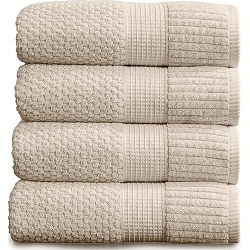 NY Loft 100% Cotton Bath Towel 4 Pack | Super Soft & Absorbent Quick-Dry Bath Towels 30" x 52" | Textured and Durable Cotton | Premium Thick Towels | Trinity Collection (4 Pack Bath Towel, Sand)