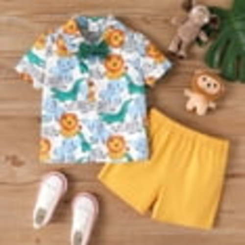 PatPat Toddler Boy Clothes 2pcs Animal Pattern Bowknot T-Shirt and Shorts Outfit Sets, Yellow, 2 Years