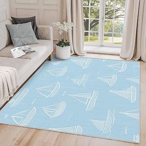 Sailboat Rug Nursery - Sailboat Rug, 4x5 Rug, Nautical Cute Cartoon Ship Area Rug, Kids Nursery Playroom Carpet, Washable & Non Slip & Soft Large Rugs, Sailboat Home Decor