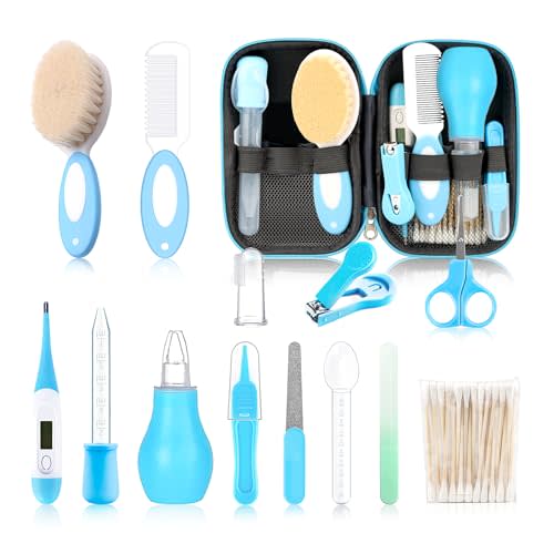 Baby Grooming Kit，Infant Safety Care Setwith Hair Brush Comb Nail Clipper Nasal Aspirator, Baby Essentials Kit for Newborn Girls Boys (14 PC-Blue Kit)