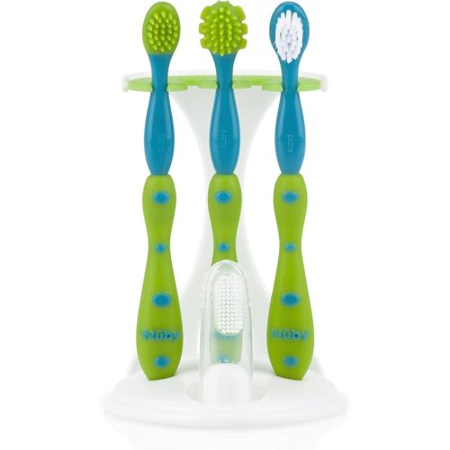 Nuby 4-Stage Oral Care Set with 1 Silicone Finger Massager, 2 Massaging Brushes, 1 Nylon Bristle Toddler Tooth Brush, Green/Aqua