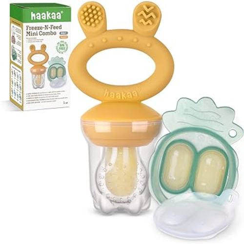 Haakaa Baby Fruit Food Feeder & Mini Freezer Nibble Tray Combo, Breastmilk Popsicle Molds for Baby Cooling Relief, BPA Free Silicone Feeder for Safe Infant Self Feeding, 4 Month+ (Mustard)