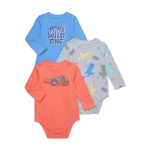 Garanimals Baby Boys’ Graphic and Print Bodysuits with Long Sleeves, 3-Pack, Sizes 0m-24m