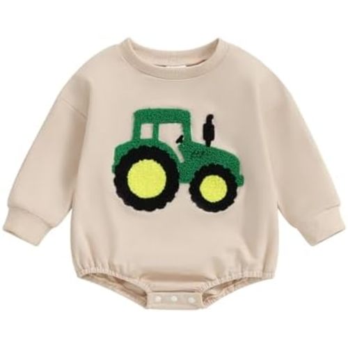 VISGOGO Newborn Infant Baby Boy Bubble Romper Clothes Long Sleeve Letter Onesie Farm Tractor Fall Winter Bodysuit Outfit