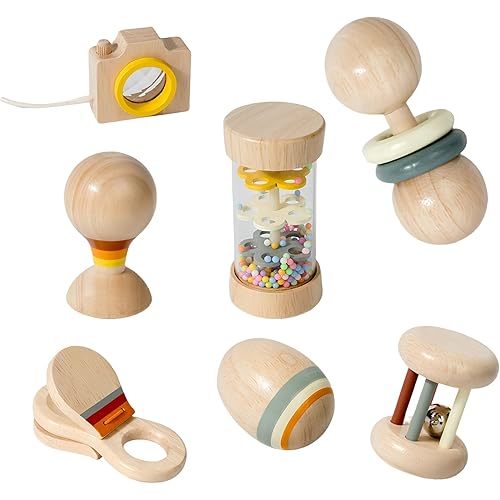 7 PCS Wooden Baby Toys Set - Organic Infant Rattles Newborns 0-6 Month & Montessori-Inspired Musical Instruments for 0-12 Month - Natural Toddler Developmental Toys