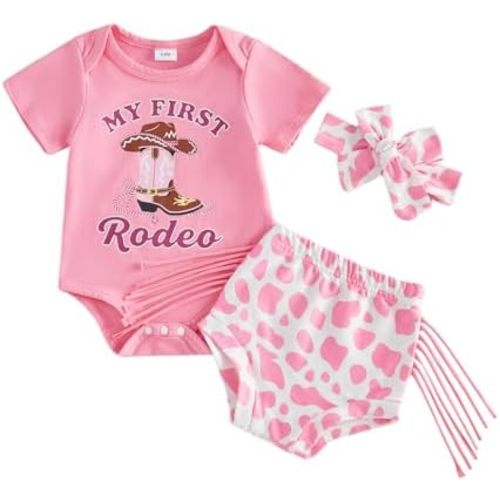 Madjtlqy Western Baby Girl Summer Clothes My 1st Rodeo Short Sleeve Romper Shorts Headband Set Cute Infant Cowgirl Outfits