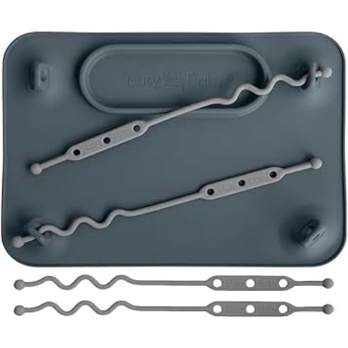 BUSY BABY Silicone Mat - Suction Cups, 4 Straps to Secure Baby Essentials, Self Feeding, Baby Led Weaning, Travel Sleeve Included (Pewter)