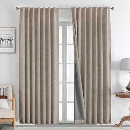 Joydeco 100% Black Out Curtains 84 inch Long 2 Panels Burg Natural Blackout Linen Drapes for Bedroom Living Room Darkening Curtain Thermal Insulated Back tab Rod Pocket(37x84 inch,Linen)