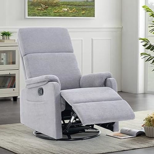 360°Swivel Rocking Recliner Chair with Side Pocket, High Back Glider Nursery Chair, Upholstered for Living Room, Bedroom & Nursery, Comfortable Deep Seat for Relaxation, Fabric Grey