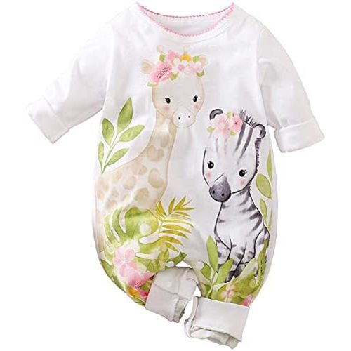 Cute Giraffe + Zebra With Floral Print Long Sleeve Baby Girl Clothes White Jumpsuit For Baby One-Piece Romper