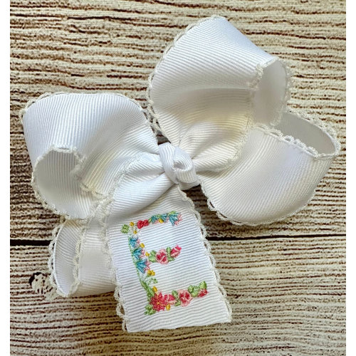 Personalized Monogrammed Medium or Large Moonstitch Hair Bow with Embroidered Floral Initial Hairbow, Custom Flower Spring Flowers Hairbows