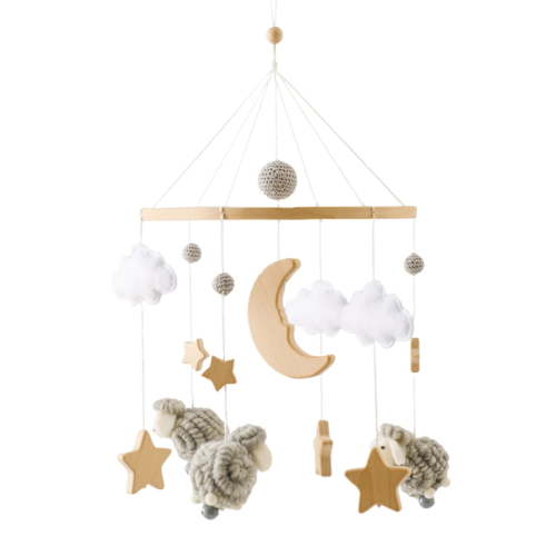 Baby Wooden Bed Bell Sheep Starry Moon Mobile Hanging Rattles Toys Hanger Crib Mobile Bed Bell Toys Holder Arm Bracket Kid Gifts