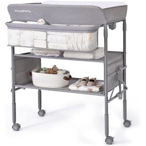 Maydolly Baby Changing Table with Wheels, Waterproof Diaper Changing Station, Portable Folding Changing Table, Adjustable Height with Nursery Organizer for Newborn and Infant (Grey)