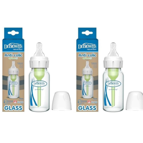 Dr. Brown's Natural Flow Anti-Colic Options+ Narrow Glass Baby Bottle, 4 oz/120 mL, with Level 1 Slow Flow Nipple, 2 Pack, 0m+
