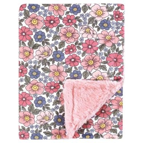 Hudson Baby Girls Plush Blanket with Furry Binding and Back, Pink Blue Pretty Floral, One Size