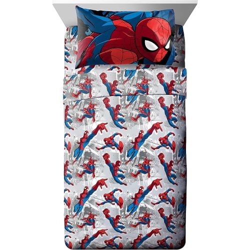 Jay Franco Kids Sheet Set with Fitted, Flat Sheets & Pillow Cover - Ultra-Soft Bedding with Pillowcase for Room Decor, White - Spiderman, 4 Piece Full