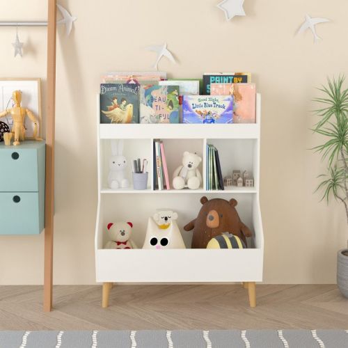 White Children Storage Book Racks,Kids Bookshelf and Toy Organizer with Legs,Multifunctional Bookcase for Kids Room,Living Room-Baofuwish