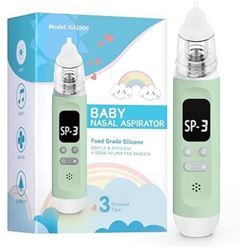Bivni Baby Nasal Aspirator,Electric Baby Nose Sucker with Adjustable 3 Levels Suction, Rechargeable Nasal Sucker for Babies with 8 Light Modes and 3 Nursery Rhymes(Green)