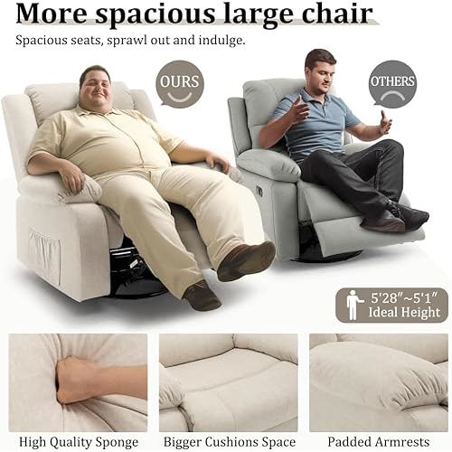 Recliner Chair, Wide Rocker Chair, Rocking Chair with Massage and Heat,360°Swivel Nursery Rocking Chairs, Oversized Recliner for Adults, Cashmere Reclining Sofa for Living Room, Beige