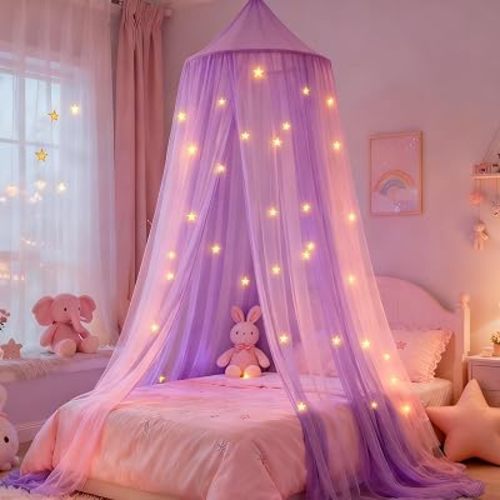 Princess Pink Purple Bed Canopy with Glow in The Dark Stars,X-Large Two-Tone Bed Canopy for Girls Bed Net,Princess Canopy for Kids Bed Room Decor