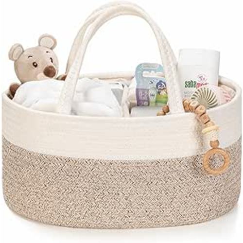 Diaper Caddy Organizer, Empty Gift Basket for Newborn Essentials, Baby Storage Basket, Stylish Gift Bag for Baby Shower, Boys and Girls – Small, White and Beige Brown