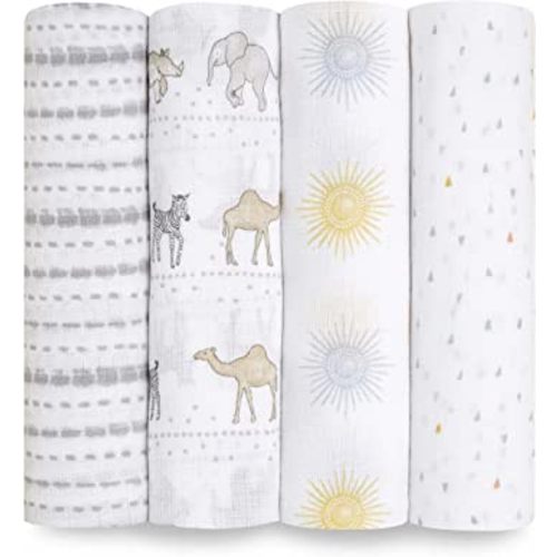 aden + anais Essentials Muslin Swaddle Blankets for Baby Girls and Boys, Newborn Receiving Blanket for Swaddling, 100% Cotton Baby Swaddle Wrap, 4 Pack, Sunshine