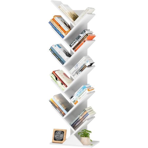 10 Tier Tree Book Shelf, Floor Standing Wood Bookshelf for Narrow Space, Storage Organizer Bookshelves for Books/CDs/Magazine, Bookcase with Shelves for Home Office, Living Room - White