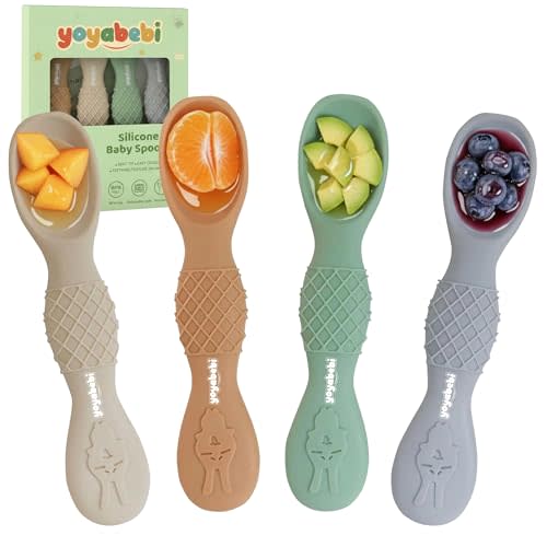 YOYABEBI Silicone Baby Spoons self feeding 6 months(4 Pack), Toddler utensils, baby feeding essentials. Soft Tip, Gum-Friendly, BPA Free, Dishwasher Safe, Teething Handle