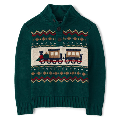 Baby And Toddler Boys Train Fairisle Mock Neck Sweater - Green