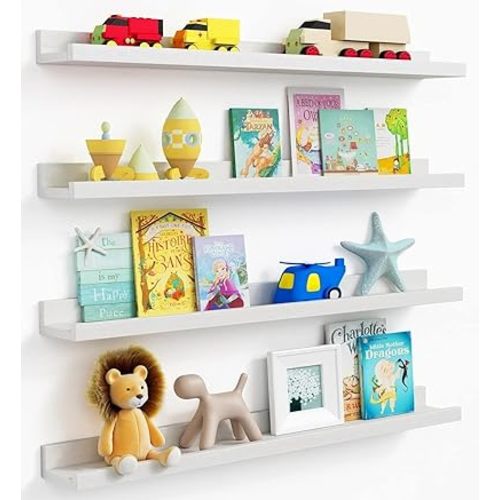 Forbena 36 Inch Floating Shelves for Wall 4-Pack, Large Nursery Book Shelves Bookshelf for Kids Bedroom, Long Picture Ledge Shelf with Lip for Living Room Photo Frames Art Display (White Solid Wood)