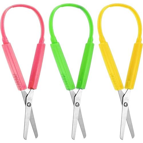 3Pcs Loop Scissors Adaptive Design Scissor Colorful Handle Self-Opening Safety Scissors for Kids Children Schools Special Need 5.5 Inch(Green, Yellow, Pink)