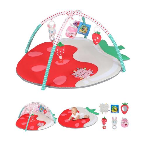Tummy Time Mat, Heypappy 9-in-1 Strawberry Baby Play Gym Mat, Oversize Baby Play Activity Mat with Sunshade & 6 Detachable Sensory Toys, Washable Non-Slip Mat for Newborn Infant Baby Essentials Gift