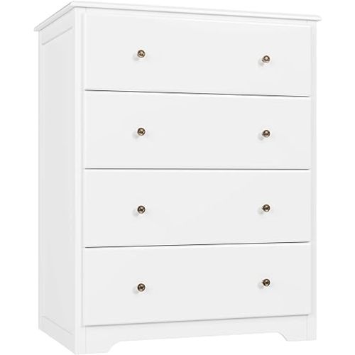 HOUSUIT White Dresser, 4 Drawer Dressers Chest of Drawers, Modern Tall Dresser, Wood Drawer Chest Storage Cabinet for Living Room, Hallway, Entryway, Home Office, Ivory White