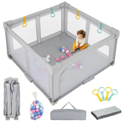 INFANS Foldable Baby Playpen with Mat, 50” x 50” Large Baby Play Yard for Infant with 50 Ocean Balls, 4 Handlers, Carry Bag, Indoor Outdoor Fence Toddler Activity Center (Gray, 50” x 50”)