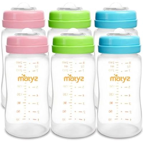 Matyz 6-Pack Breast Milk Storage Bottles (8 Ounce, 3 Colors) - Wide Neck Breastmilk Collection and Storage Bottle - Formula Storage Bottles Compatible with Medela Avent Spectra Pumps